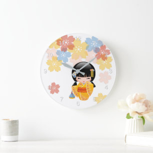 Summer Kokeshi Doll - Gult Kimono Geisha Girl La Stor Klocka