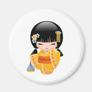 Summer Kokeshi Doll - Gult Kimono Geisha Girl Magnet
