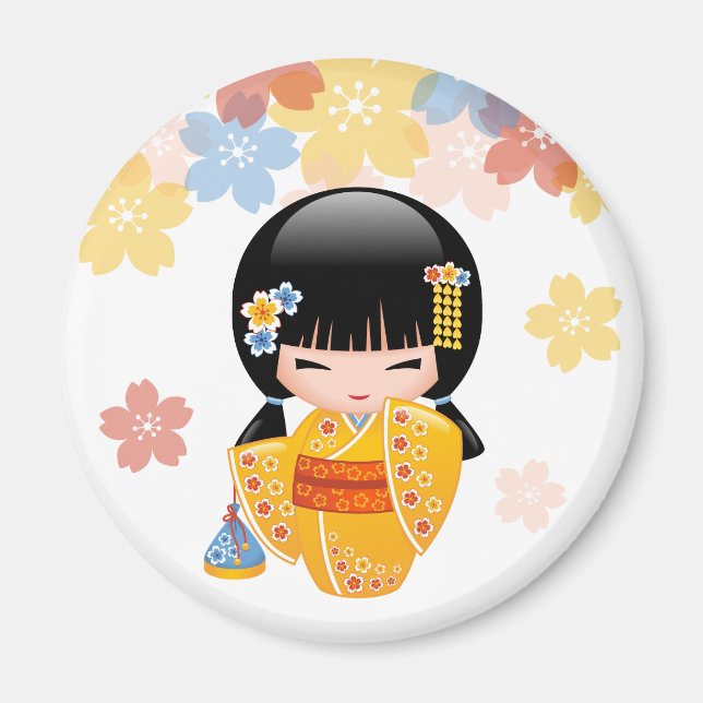 Summer Kokeshi Doll - Gult Kimono Geisha Girl Magnet (Framsidan)