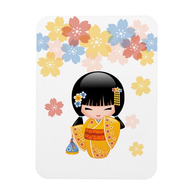 Summer Kokeshi Doll - Gult Kimono Geisha Girl Magnet (Vertikal)