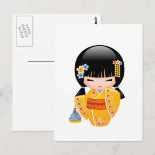 Summer Kokeshi Doll - Gult Kimono Girl Vykort