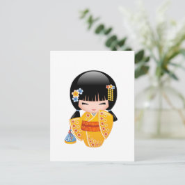 Summer Kokeshi Doll - Gult Kimono Girl Vykort