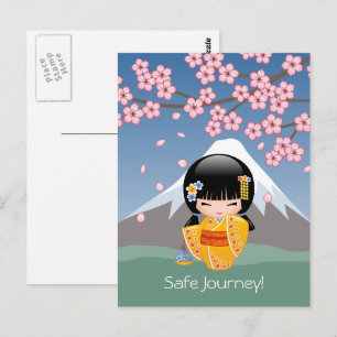 Summer Kokeshi Doll - Gult Kimono Säker Journey Vykort