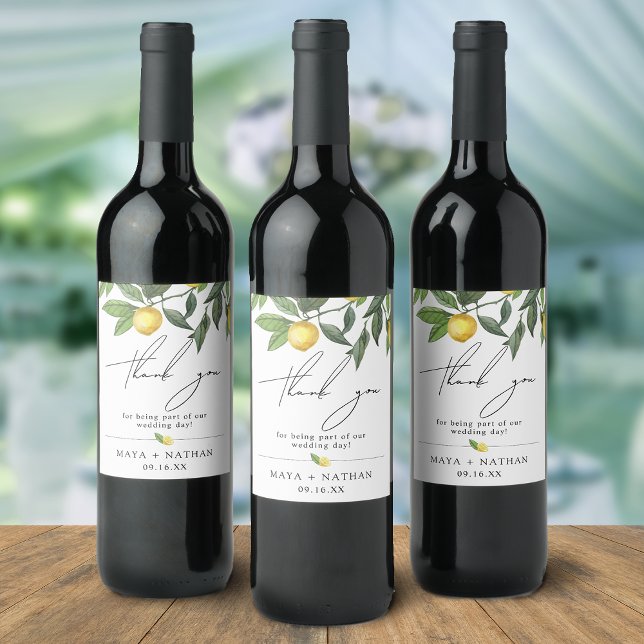 Summer Lemon Greenery Tack Bröllop Vinflaska Etikett (Summer Lemon Greenery Thank You Wedding Wine Label)