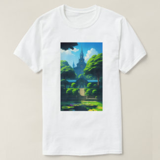 Summer Lycklig Vibes Temple och Pond Blå himmel T Shirt
