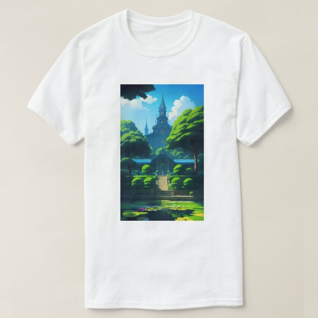 Summer Lycklig Vibes Temple och Pond Blå himmel T Shirt (Design framsida)