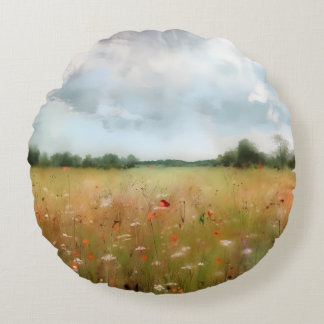 Summer Meadow Wildblomlandskap Art Rund Kudde
