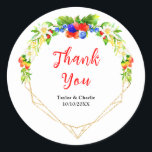 Summer Mixed Berries Wedding Thank You Runt Klistermärke<br><div class="desc">This beautiful and elegant wedding thank you sticker features watercolor blueberries,  strawberries,  redberries and foliage on a gold geometric frame. The text combines handwritten script and serif fonts for a stylish and modern look. This is perfect for a spring or summer rustic wedding.</div>