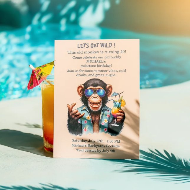 Summer Monkey Let's Get Wild 40th Birthday  Inbjudningar (Summer Monkey Let's Get Wild 40th Birthday Invitation)