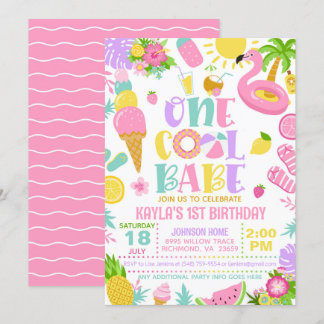 Summer One Cool Babe Birthday Party Invitation Inbjudningar