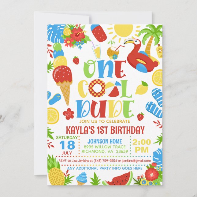 Summer One Cool Dude 1st Birthday Invitation Inbjudningar (Framsida)