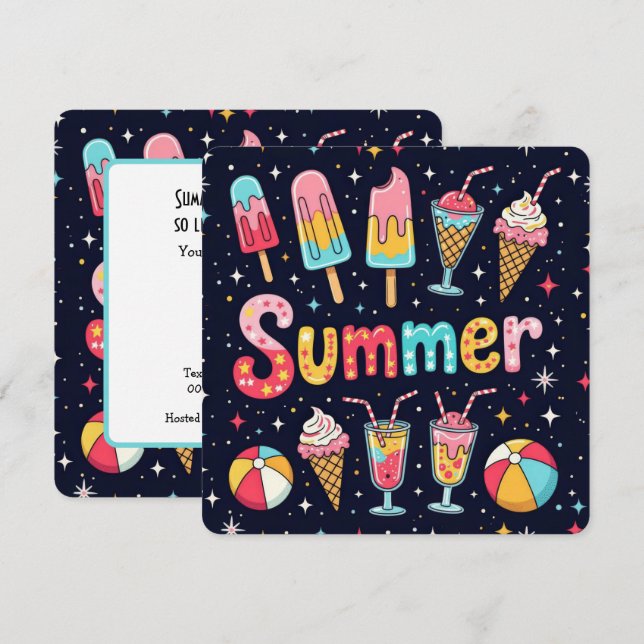 Summer Party Fun Graphics On Black Inbjudningar (Fram/baksida)