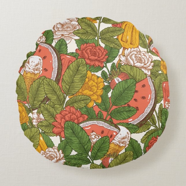 Summer Picnic Watermelon Ice Cream Rund Kudde (Framsidan)