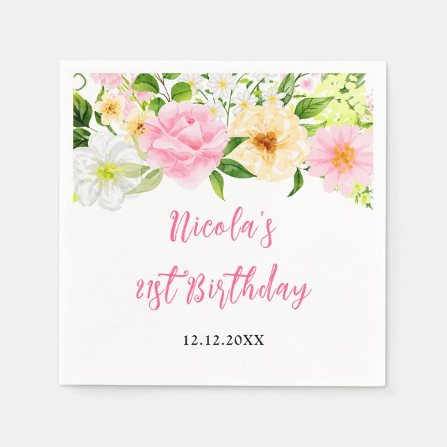 Summer Pink and Yellow Floral Birthday Pappersservett (Framsidan)