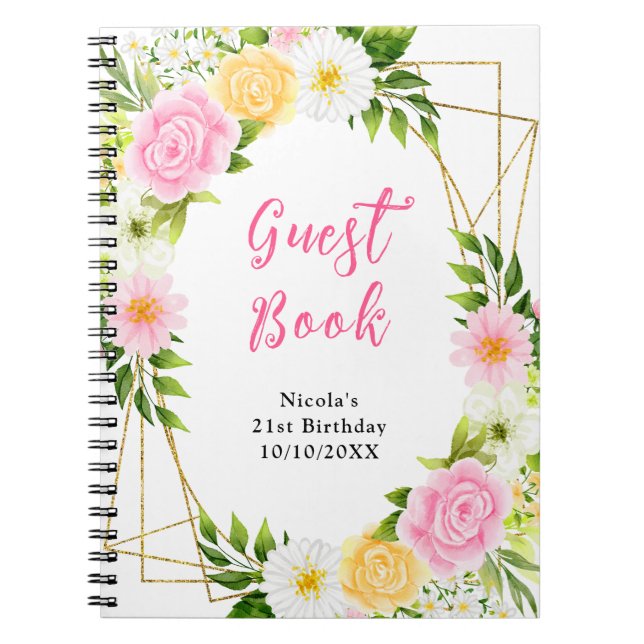 Summer Pink and Yellow Flowers Birthday Guest Book Anteckningsbok (Framsidan)