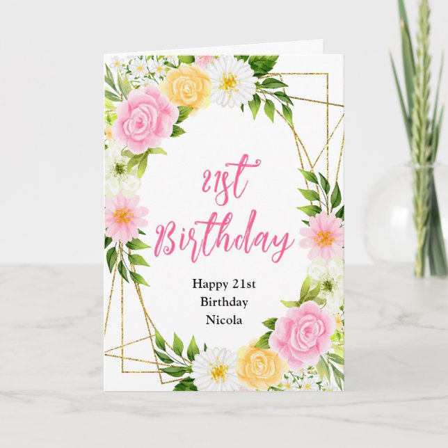 Summer Pink and Yellow Flowers Birthday Kort (Framsida)