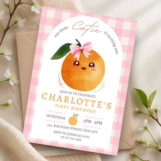 Summer Pink Little Cutie Orange 1st First Birthday Inbjudningar (Summer Pink Little Cutie Orange 1st First Birthday Invitation)
