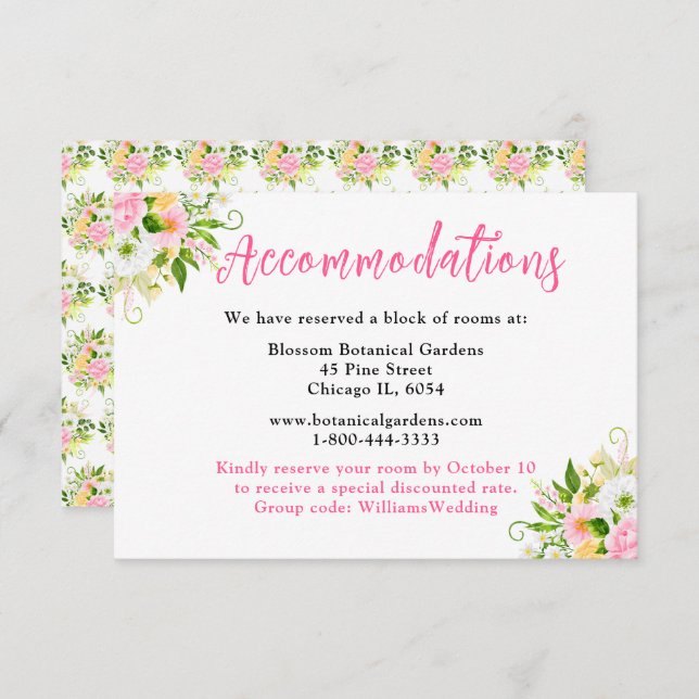 Summer Pink Yellow Floral Wedding Accommodations Tilläggskort (Fram/baksida)