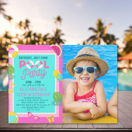 Summer Pool Birthday Bash Girl wIth Photo Inbjudningar