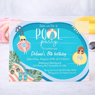 Summer Pool Party Birthday | Pool Party  Inbjudningar