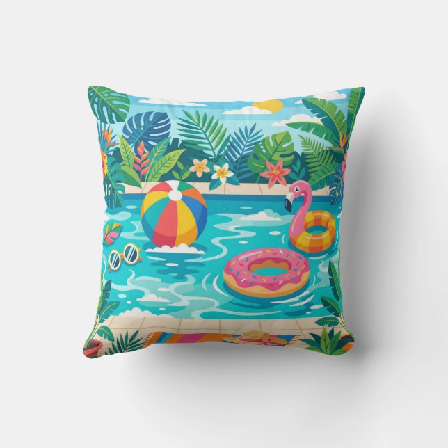 Summer Pool Party Illustration Throw Pillow Kudde (Baksida)