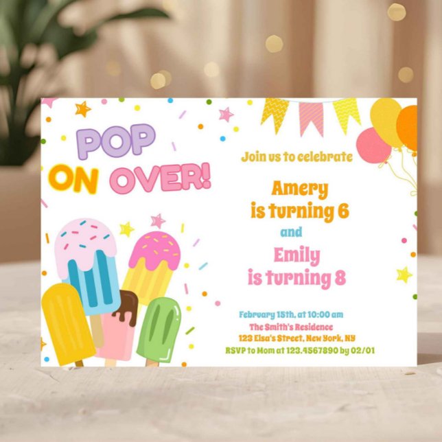 Summer Popsicle Kids Joint Birthday  Inbjudningar (popsicle birthday invite, pop on over invitation, ice cream party invite, summer birthday invite, ki)