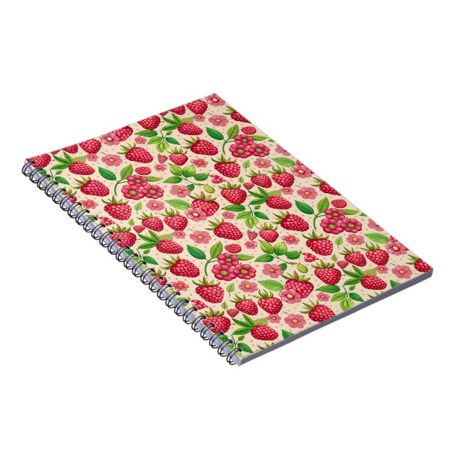 Summer Raspberry Garden Botanical Fruit Pattern Anteckningsbok (Högra Sidan)