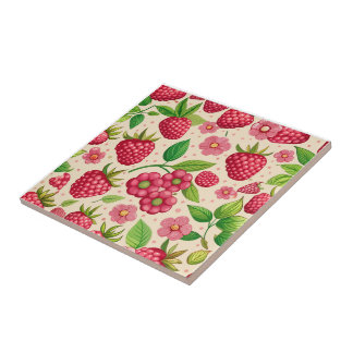 Summer Raspberry Garden Botanical Fruit Pattern Kakelplatta