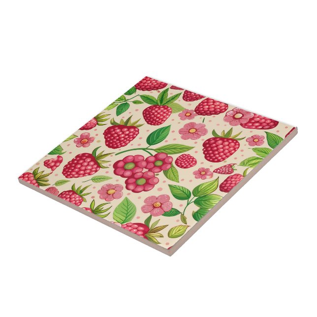 Summer Raspberry Garden Botanical Fruit Pattern Kakelplatta (Sidan)