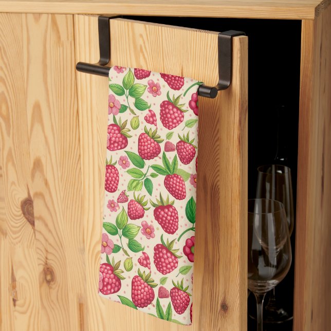 Summer Raspberry Garden Botanical Fruit Pattern Kökshandduk (Thirds Fold)