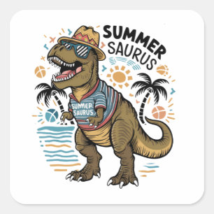 Summer Saurus T-Rex Svg, Dinosaur Svg Fyrkantigt Klistermärke