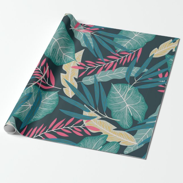 Summer seamless pattern with colorful tropical lea presentpapper (Utrullad)