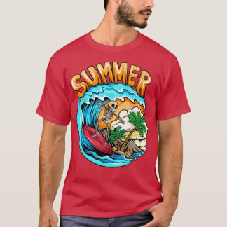 Summer Skeleton Surfing Wave Beach Summer Vacation T Shirt