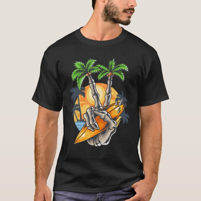 Summer skull coconut tree finger holding beach sur t shirt (Framsida)