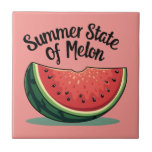 Summer State of Melon Retro Fruit Art Kakelplatta<br><div class="desc">Capture the carefree joy of the season with this vibrant “Summer State of Melon” design, featuring a juicy, cartoon-style watermelon slice that practically radiates sunshine. Set in a playful retro script, the phrase adds a pun-filled twist to your favorite warm-weather moments. Perfectly blending nostalgia and whimsy, the bold colors and...</div>