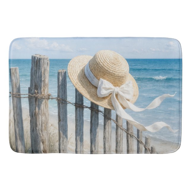 Summer Straw Hat On Beach Fence Badrumsmatta (Framsidan)