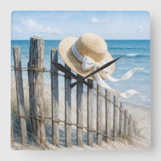 Summer Straw Hat On Beach Fence Fyrkantig Klocka (Framsida)
