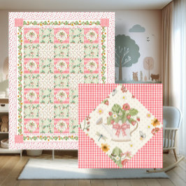 Summer Strawberries Gingham Floral Baby Girl Fleecefilt