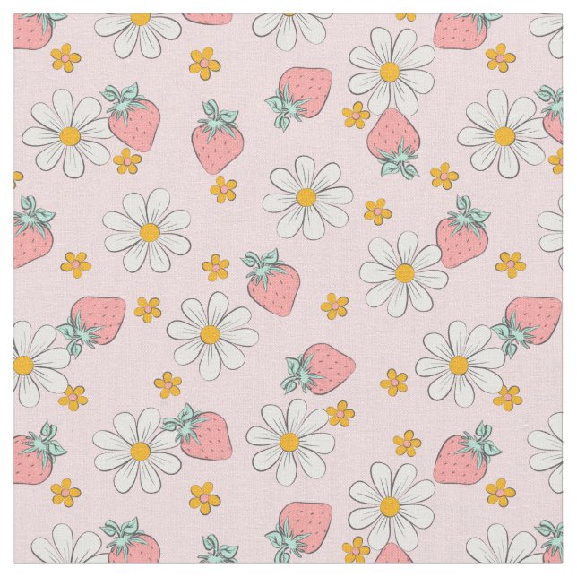 Summer Strawberry Daisy Floral  Tyg (Närbild)