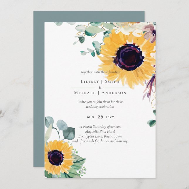 Summer Sunblommor Eucalyptus Greenery Bröllop (Fram/baksida)