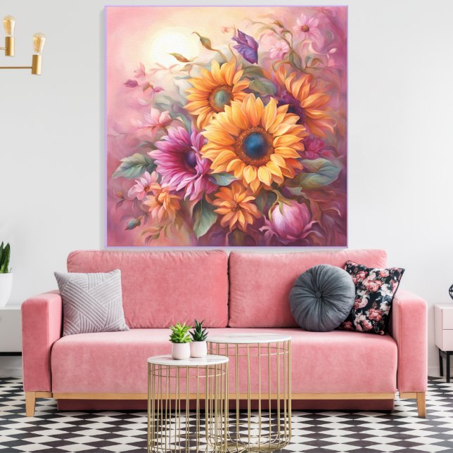 Summer Sunflowers in Pink and yellow  Canvastryck (Insitu (Vardagsrum))