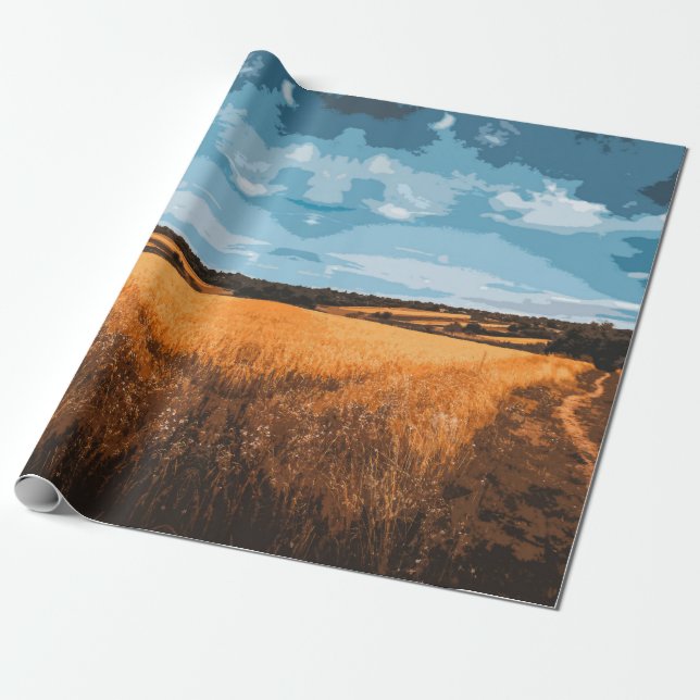 Summer Sunlit Country Road Golden Rustic Field Presentpapper (Utrullad)