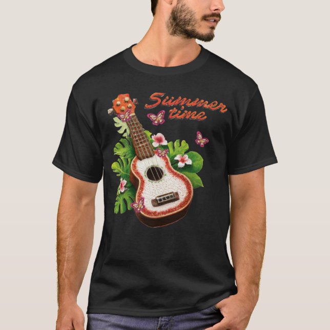 Summer Time Hawaii Ukulele Lute Flowers T Shirt (Framsida)