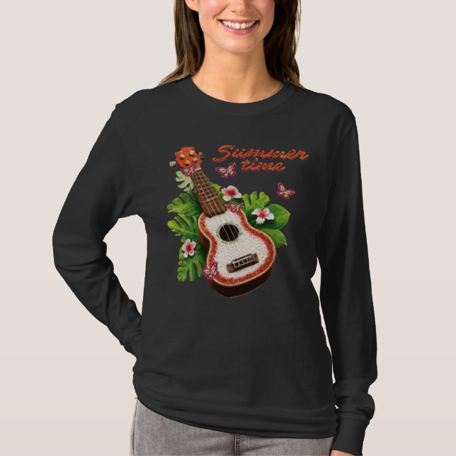 Summer Time Hawaii Ukulele Lute Flowers T Shirt (Framsida)
