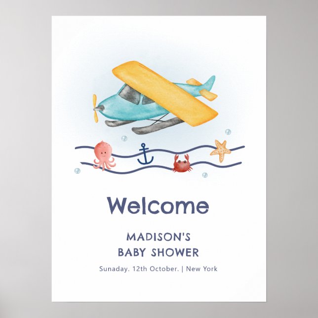 Summer Travel Sea Airplane Baby Shower Welcome Poster (Framsidan)