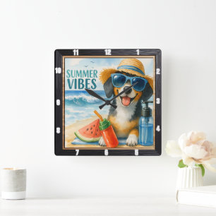 Summer Vibes Beach Hund Fyrkantig Klocka