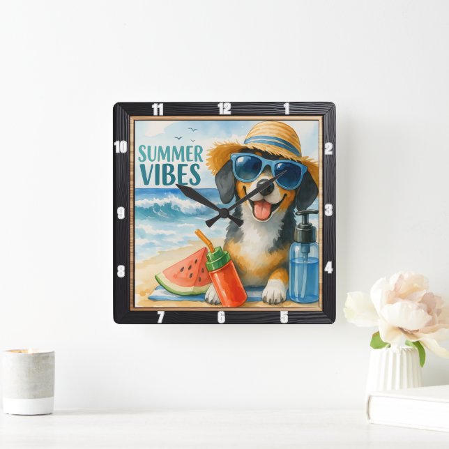 Summer Vibes Beach Hund Fyrkantig Klocka (Hem)