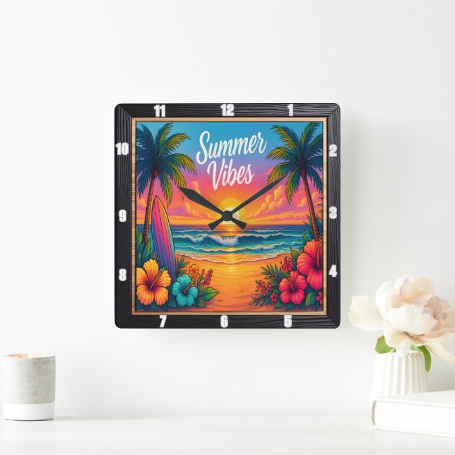 Summer Vibes Beach Surfa Fyrkantig Klocka (Hem)