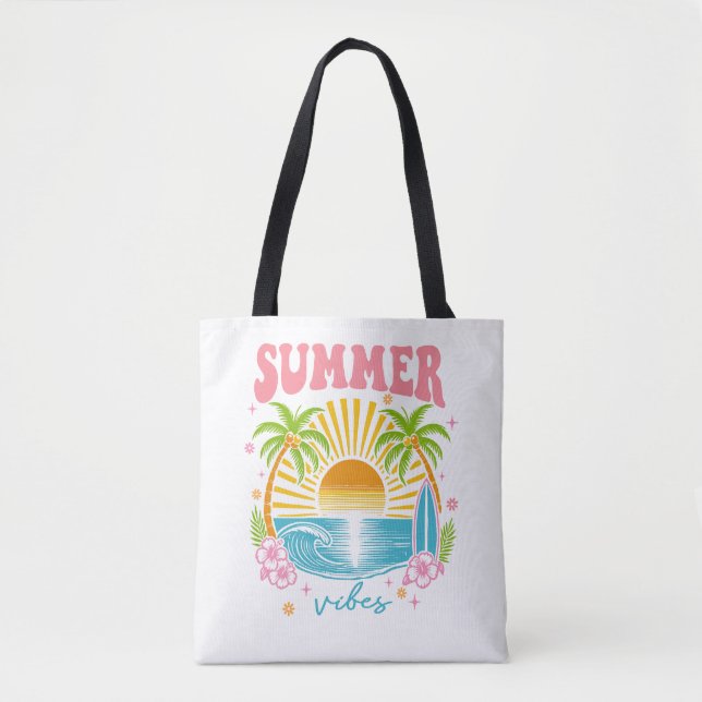 "Summer Vibes" Cheerful Boho Beach Palm Trees Tygkasse (Framsida)