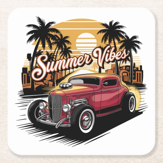 Summer Vibes Classic Car Underlägg Papper Kvadrat (Framsidan)